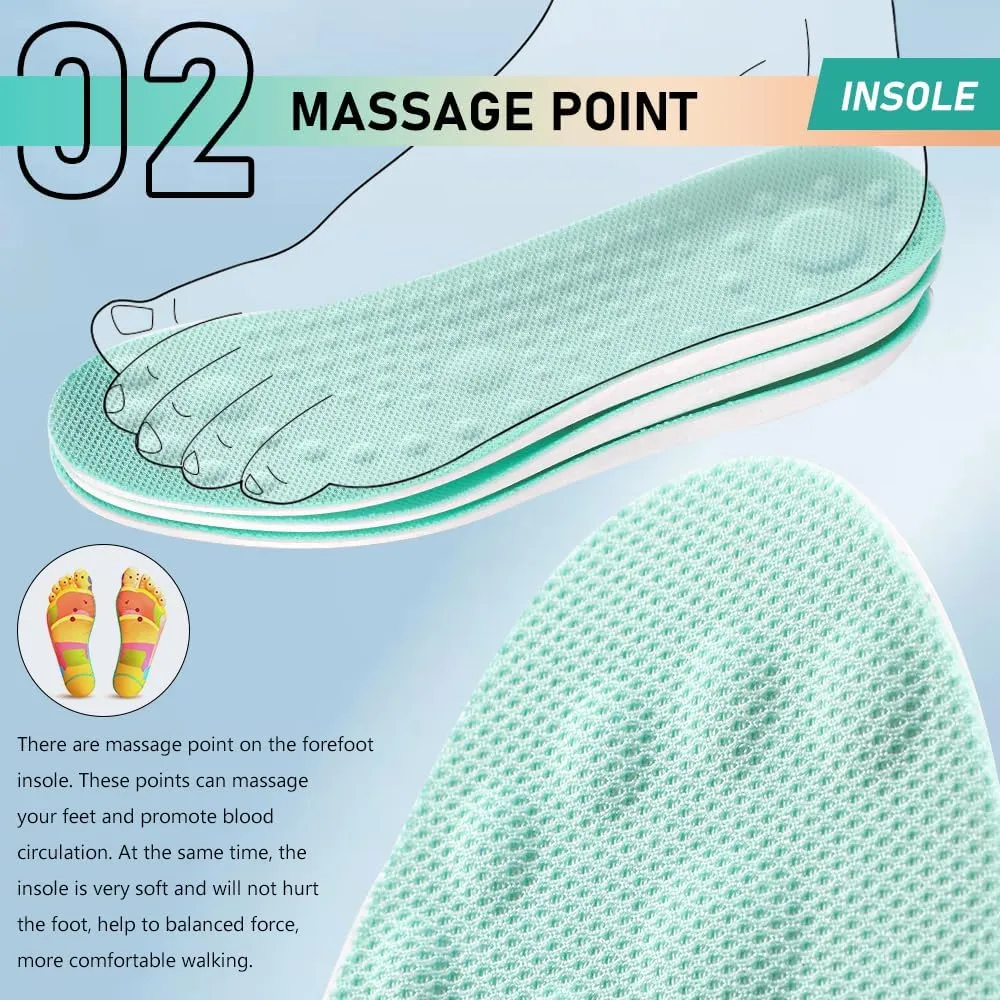 XINIFOOT 3 Pairs Breathable Shock Absorption Sport Shoe Insoles Elastic Soft Running Shoes Pad Replacement Insole for Men&Women Mint Green (L Men 9-10.5 / Women 11-12.5)