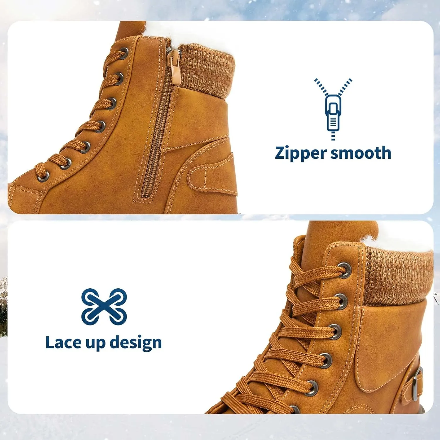XRH Women Lace Up Combat Boot Winter Snow Boots Warm Fur Lined Ankle Booties Waterproof Hiking Boot for Women Non Slip Leather Boots Shoes
