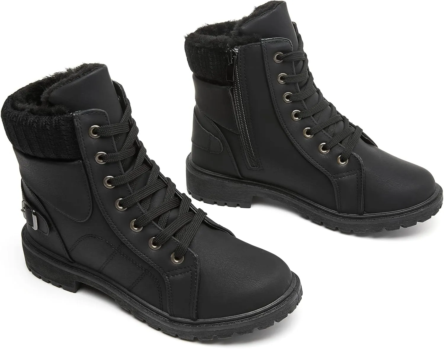 XRH Women Lace Up Combat Boot Winter Snow Boots Warm Fur Lined Ankle Booties Waterproof Hiking Boot for Women Non Slip Leather Boots Shoes
