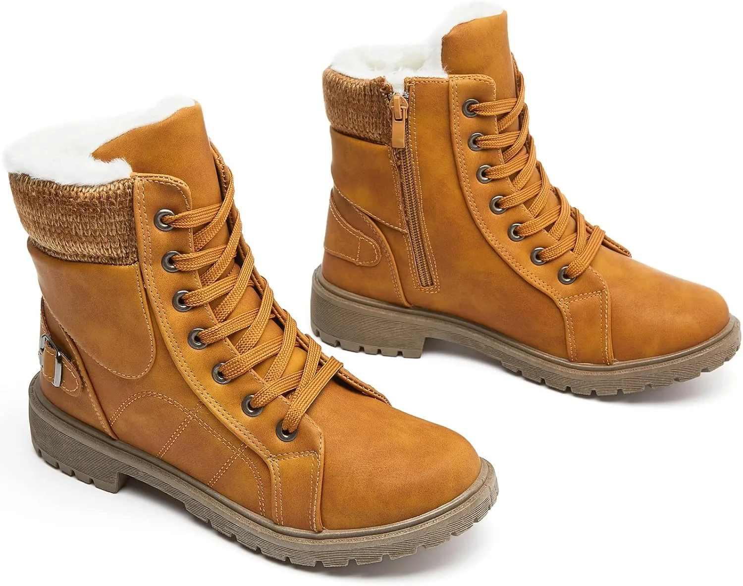 XRH Women Lace Up Combat Boot Winter Snow Boots Warm Fur Lined Ankle Booties Waterproof Hiking Boot for Women Non Slip Leather Boots Shoes