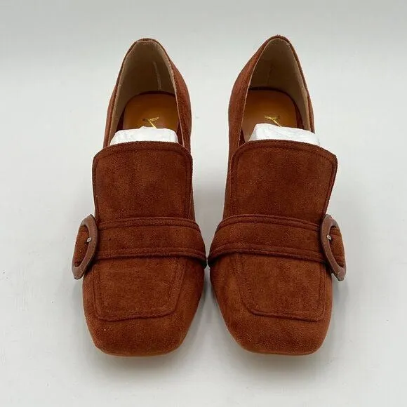 YDN Brown Chunky High Heels Square Toe Loafer Shoes Slip On Suede Office Pumps