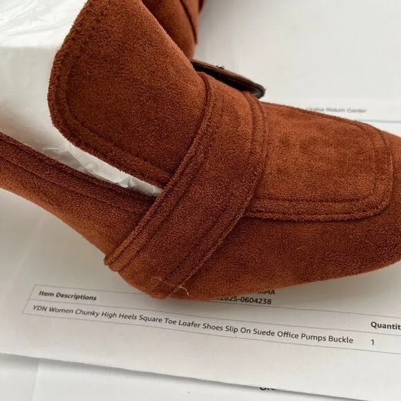 YDN Brown Chunky High Heels Square Toe Loafer Shoes Slip On Suede Office Pumps