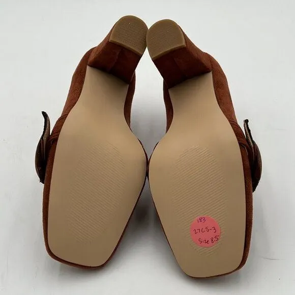 YDN Brown Chunky High Heels Square Toe Loafer Shoes Slip On Suede Office Pumps