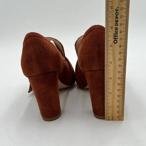 YDN Brown Chunky High Heels Square Toe Loafer Shoes Slip On Suede Office Pumps