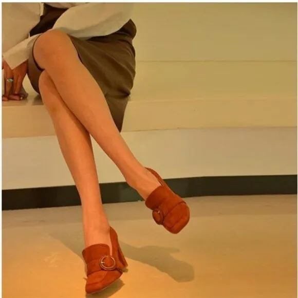 YDN Brown Chunky High Heels Square Toe Loafer Shoes Slip On Suede Office Pumps