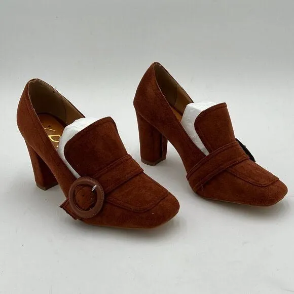 YDN Brown Chunky High Heels Square Toe Loafer Shoes Slip On Suede Office Pumps