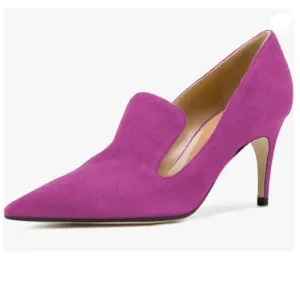 YDN Fuchsia Mid Heels Slip on Loafer Pumps Pointy Toe Slide Suede Prom Shoes