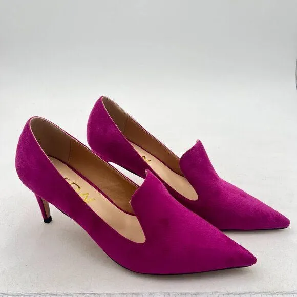 YDN Fuchsia Mid Heels Slip on Loafer Pumps Pointy Toe Slide Suede Prom Shoes