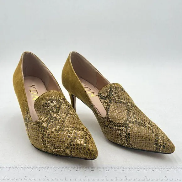 YDN Snakeskin Yellow Mid Heels Slip on Loafer Pumps Pointy Toe Slide Suede Shoe