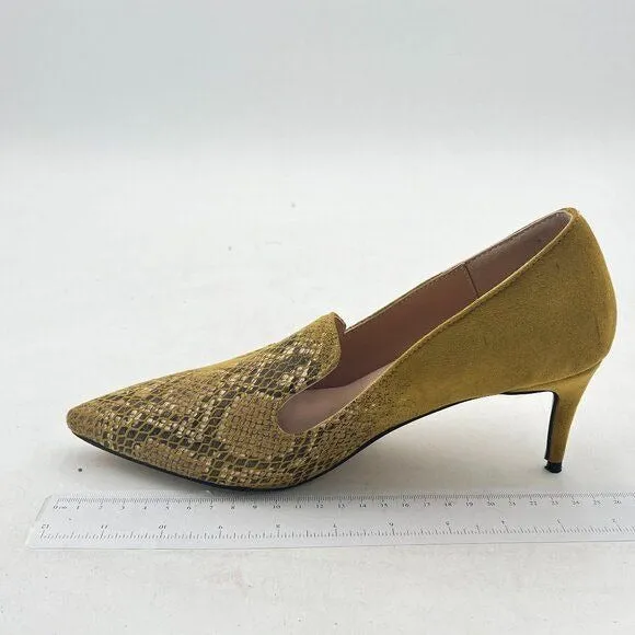 YDN Snakeskin Yellow Mid Heels Slip on Loafer Pumps Pointy Toe Slide Suede Shoe