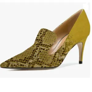 YDN Snakeskin Yellow Mid Heels Slip on Loafer Pumps Pointy Toe Slide Suede Shoe