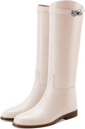 YDN Women Classic Round Toe Under the Knee High Flat Riding Boots Pull on Mental Buckle Wide Calf Booties Combat Walking Boots Size 4-15 US