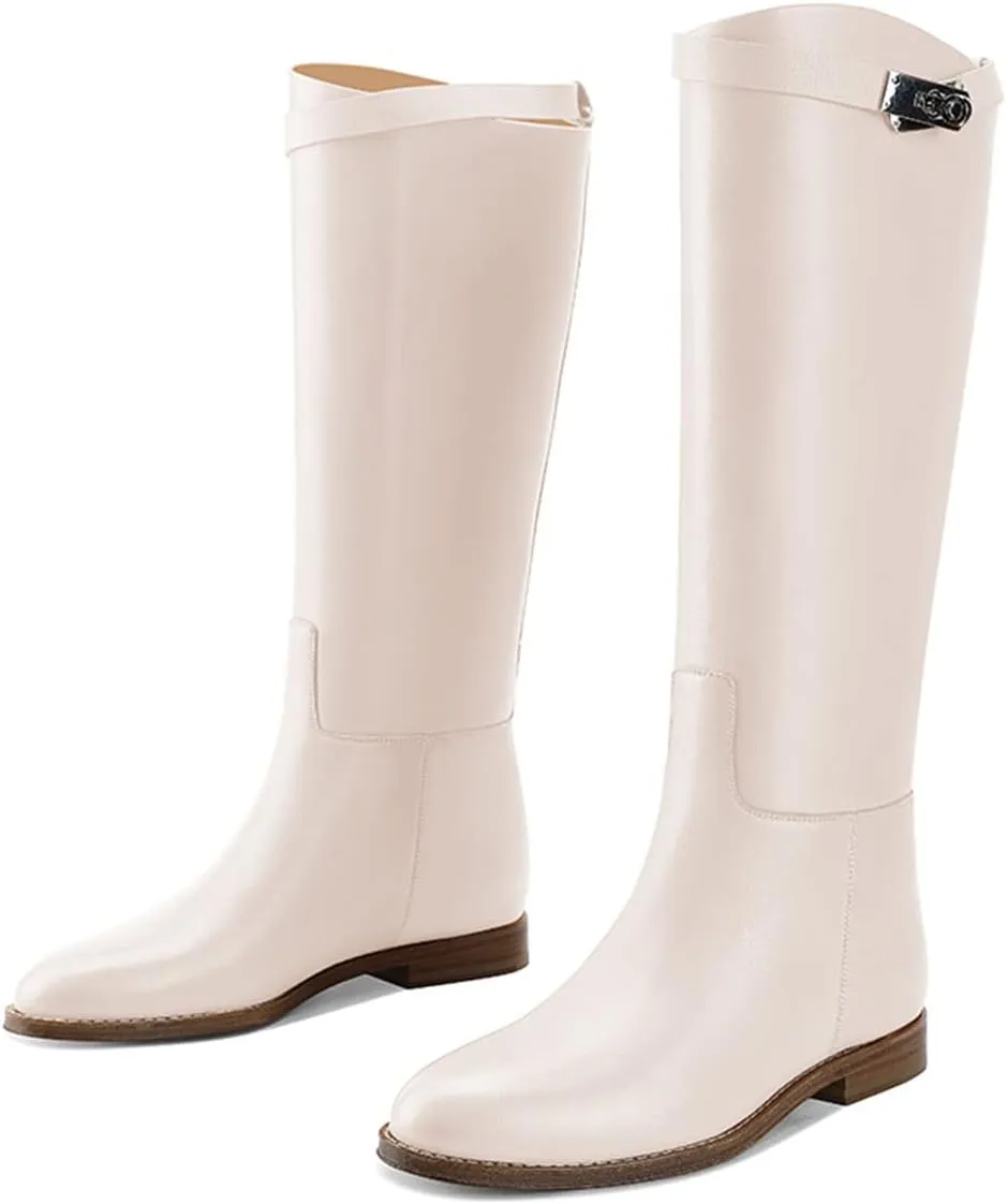 YDN Women Classic Round Toe Under the Knee High Flat Riding Boots Pull on Mental Buckle Wide Calf Booties Combat Walking Boots Size 4-15 US