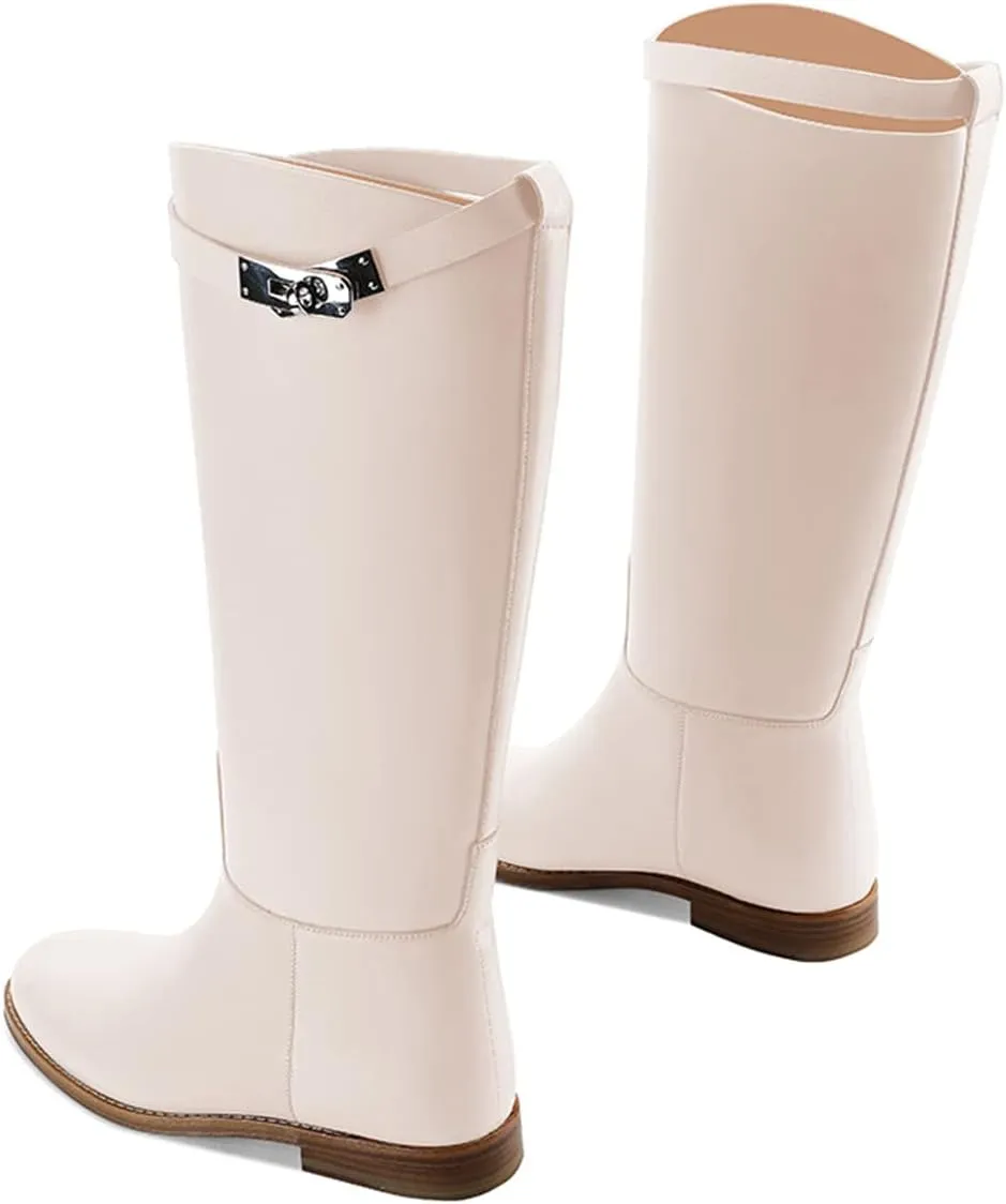 YDN Women Classic Round Toe Under the Knee High Flat Riding Boots Pull on Mental Buckle Wide Calf Booties Combat Walking Boots Size 4-15 US