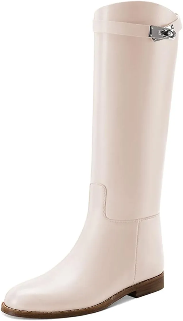 YDN Women Classic Round Toe Under the Knee High Flat Riding Boots Pull on Mental Buckle Wide Calf Booties Combat Walking Boots Size 4-15 US