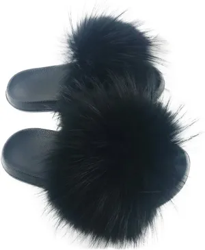Yu Li Womens Luxury Real Raccon Fur Slippers Slides Indoor Outdoor Flat Soles Soft Summer Shoes