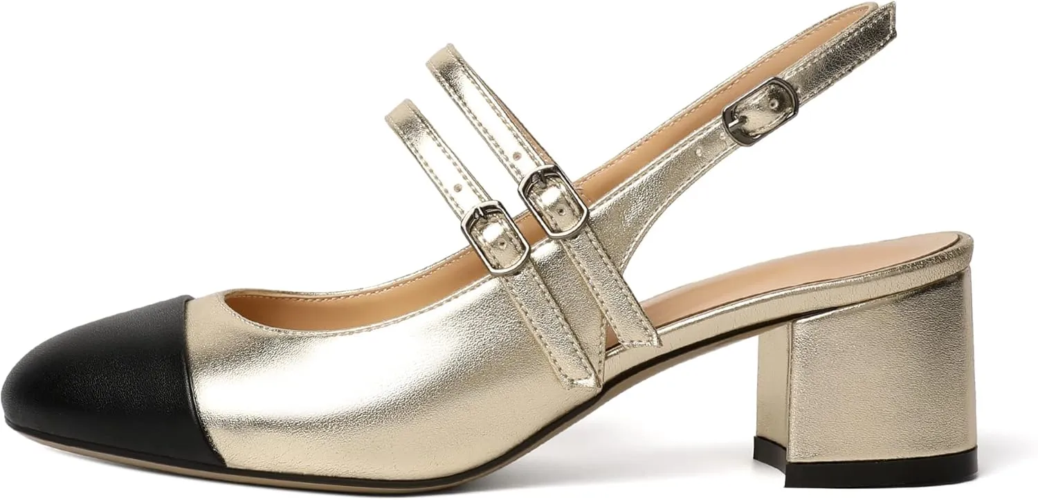 Zamikoo Women's Slingback Heels Round Cap Toe Low Block Heel Pumps with Adjustable Buckle, 2 Inches Heeled Sandals Office Dress Pumps Shoes