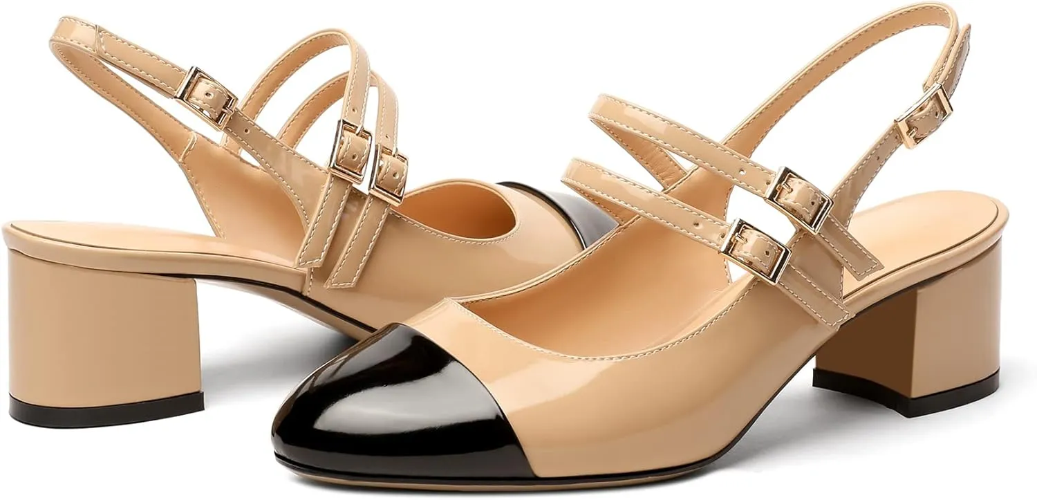 Zamikoo Women's Slingback Heels Round Cap Toe Low Block Heel Pumps with Adjustable Buckle, 2 Inches Heeled Sandals Office Dress Pumps Shoes