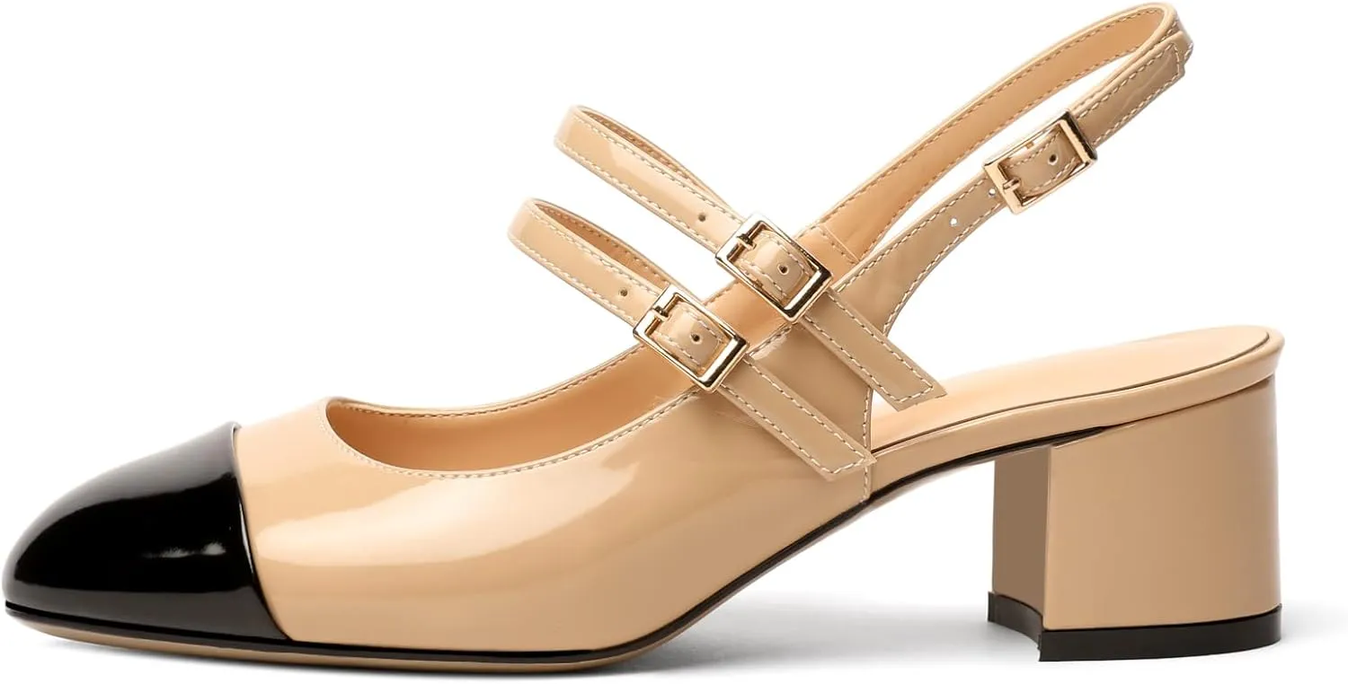 Zamikoo Women's Slingback Heels Round Cap Toe Low Block Heel Pumps with Adjustable Buckle, 2 Inches Heeled Sandals Office Dress Pumps Shoes