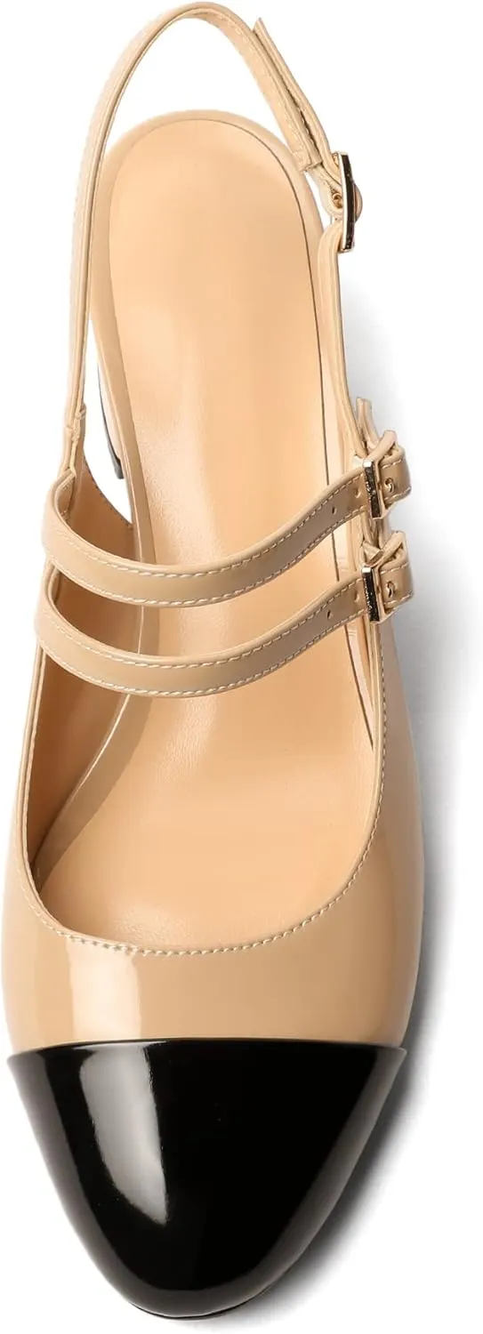 Zamikoo Women's Slingback Heels Round Cap Toe Low Block Heel Pumps with Adjustable Buckle, 2 Inches Heeled Sandals Office Dress Pumps Shoes