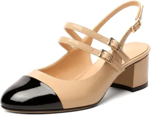Zamikoo Women's Slingback Heels Round Cap Toe Low Block Heel Pumps with Adjustable Buckle, 2 Inches Heeled Sandals Office Dress Pumps Shoes