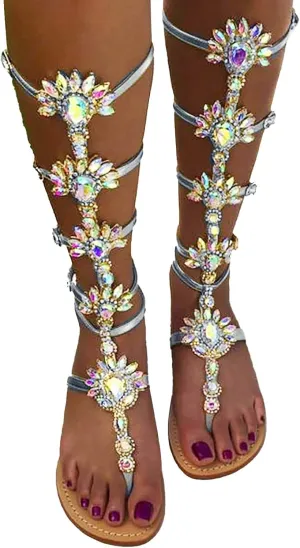 ZBYY Women's Rhinestone Flat Sandals,Flip Flops Beadeed Crystal Jeweled Sandal Summer Gladiator Beach Outdoor Dress Sandals