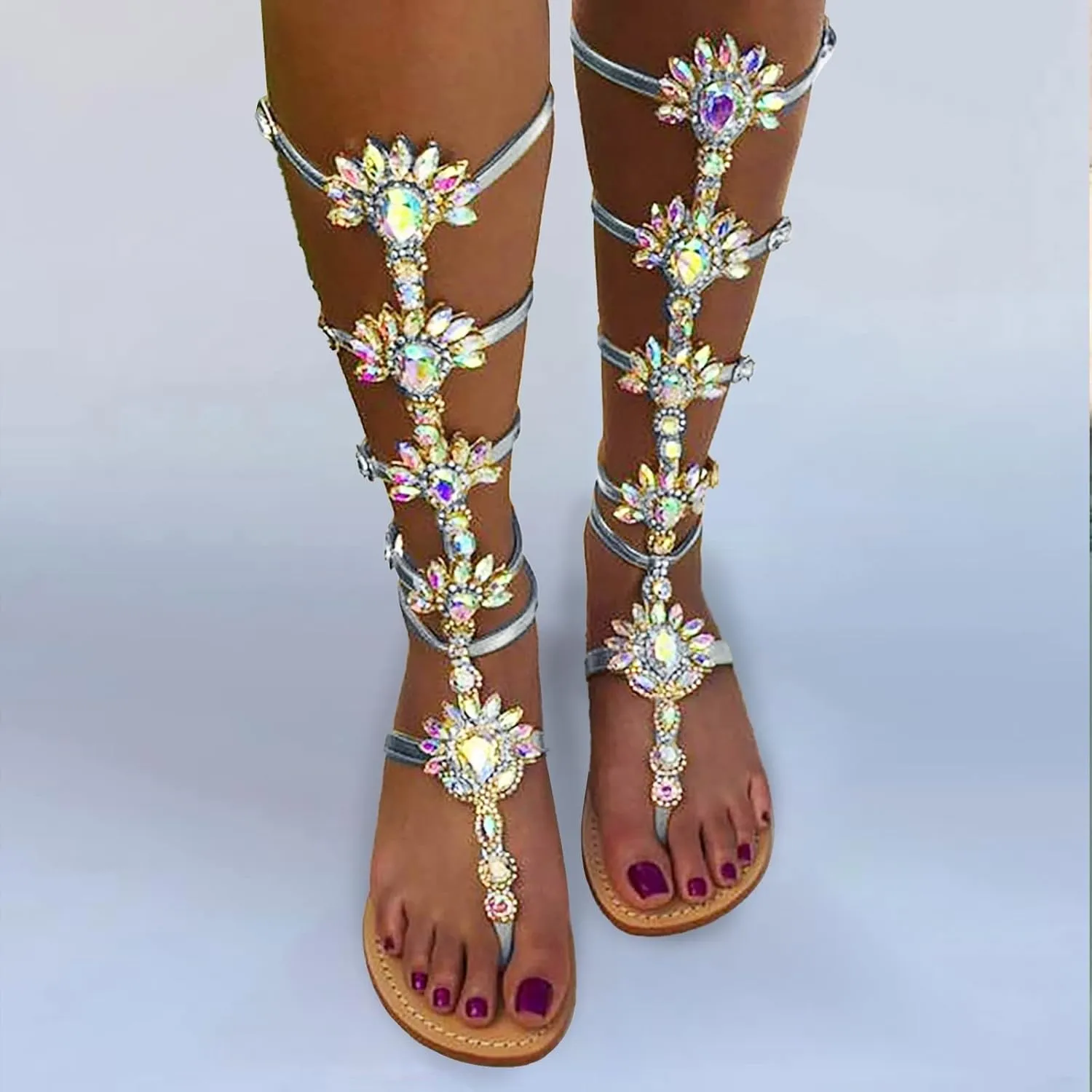 ZBYY Women's Rhinestone Flat Sandals,Flip Flops Beadeed Crystal Jeweled Sandal Summer Gladiator Beach Outdoor Dress Sandals