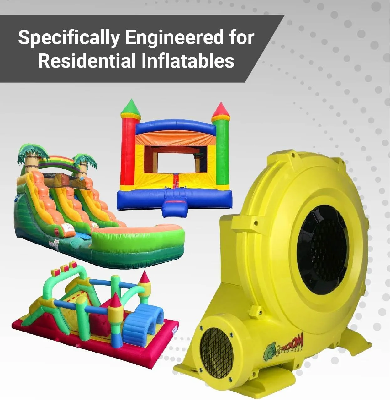 Zoom Blowers Portable Air Pump for Inflatables - Energy Efficient High Power Compact Residential Air Blower for Bounce Houses, Slide Combos, Water Slides and Obstacle Course for Kids